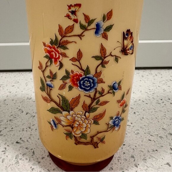 Vintage 1975 Bristol Handblown Cased Glass Vase Handpainted Floral Butterfly - Picture 3 of 8